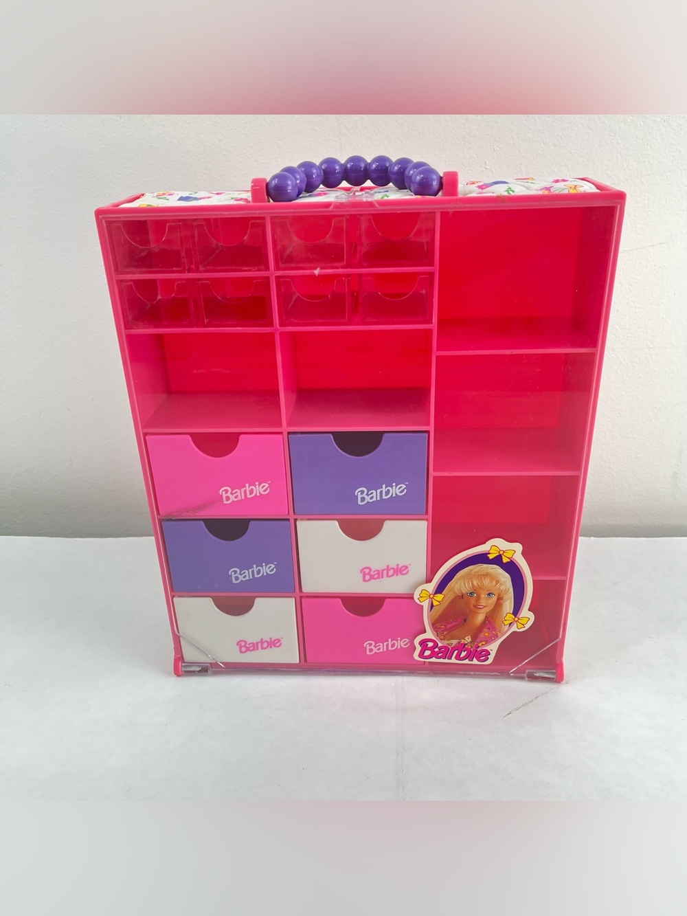 Vintage 1993 Barbie Tons of Drawers Storage Organizer Case Pink Carry Handle
